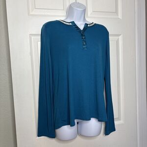 Liz Claiborne LG Teal Long Sleeve Pajama Top Satin Trim Button Front PL Petite L